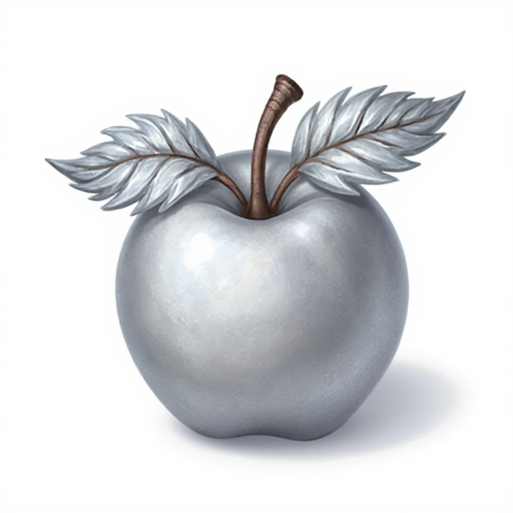 gmic_\(anheifeng\),A silver apple with silver leaves,, (( White background, simple background))),masterpiece,best quality,great quality,good quality