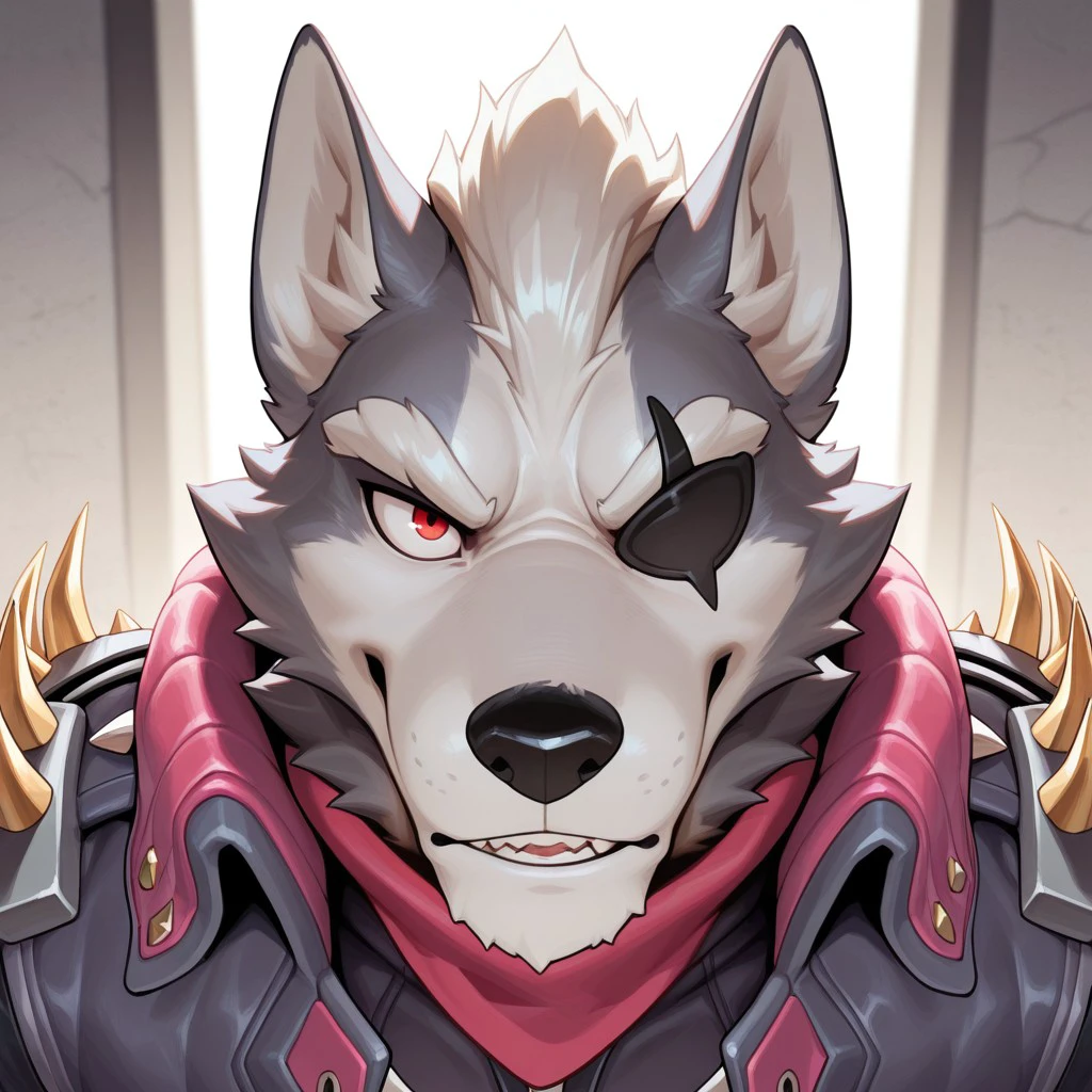 masterpiece, best quality, amazing quality, solo, 1boy, null-ghost, Wolf O'donnell, bara, red eyes, eyepatch, jacket, spikes, close up,