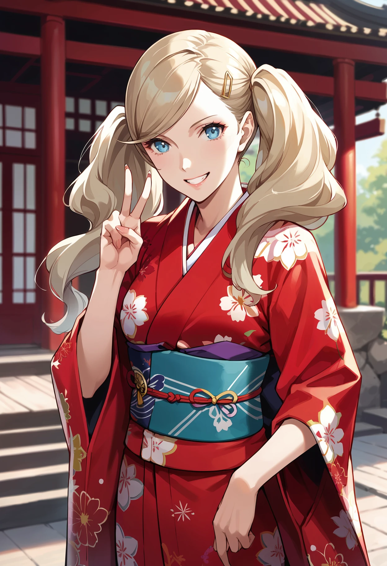 score_9, score_8_up, score_7_up, (source_anime), 1 girl, solo, nsfw, cute face,
p5ann, twintails, long hair, takamaki anne, blonde hair, hairclip,
japanese clothes, solo focus, hair flower, wide sleeves, kimono, sash, swept bangs, obi, floral print, yukata, red kimono, print kimono,
outdoors, japanese temple, shrine, big smile, grin, v,
masterpiece, best quality, ultra detailed, absurdres, very aesthetic