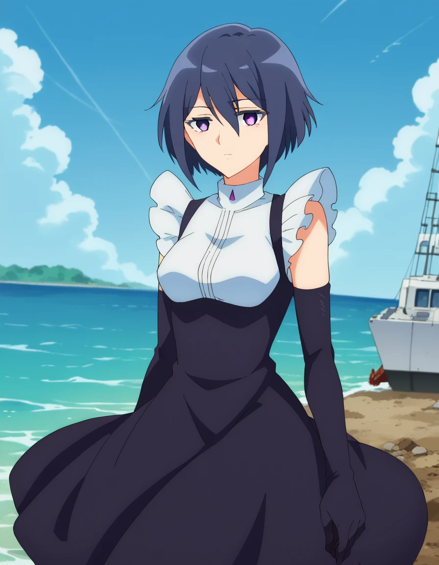score_9, score_8_up, score_7_up, source_anime, <lora:mei-tsuchiba-s1-ponyxl-lora-nochekaiser:1>, mei tsuchiba, short hair, bangs, hair between eyes, purple eyes, black hair, mature female, medium breasts, anime screencap,, gloves, dress, black gloves, elbow gloves, black dress, drydock, repair, ships, water, construction, , <lora:the-pose-ponyxl-lora-nochekaiser:1>, the pose, on stomach, feet up, lying, soles, feet, legs up, head rest, barefoot, looking at viewer, solo,, dutch angle, cowboy shot