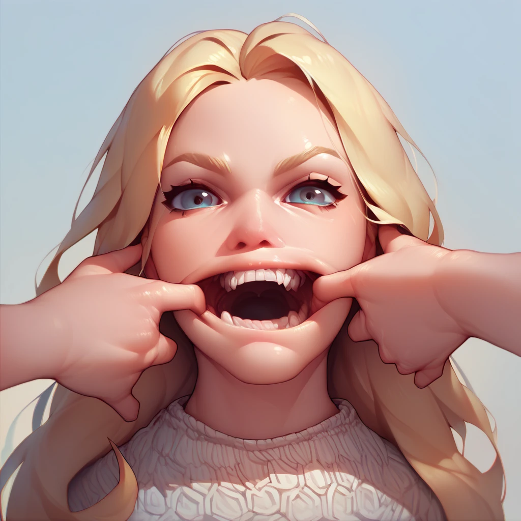 Score_9, score_8_up, score_7_up, f1shh0ok, 1girl, open mouth, blonde hair, mouth pull, teeth, long hair, looking at viewer, open mouth, spread mouth, mouth pull, fingers in mouth, solo