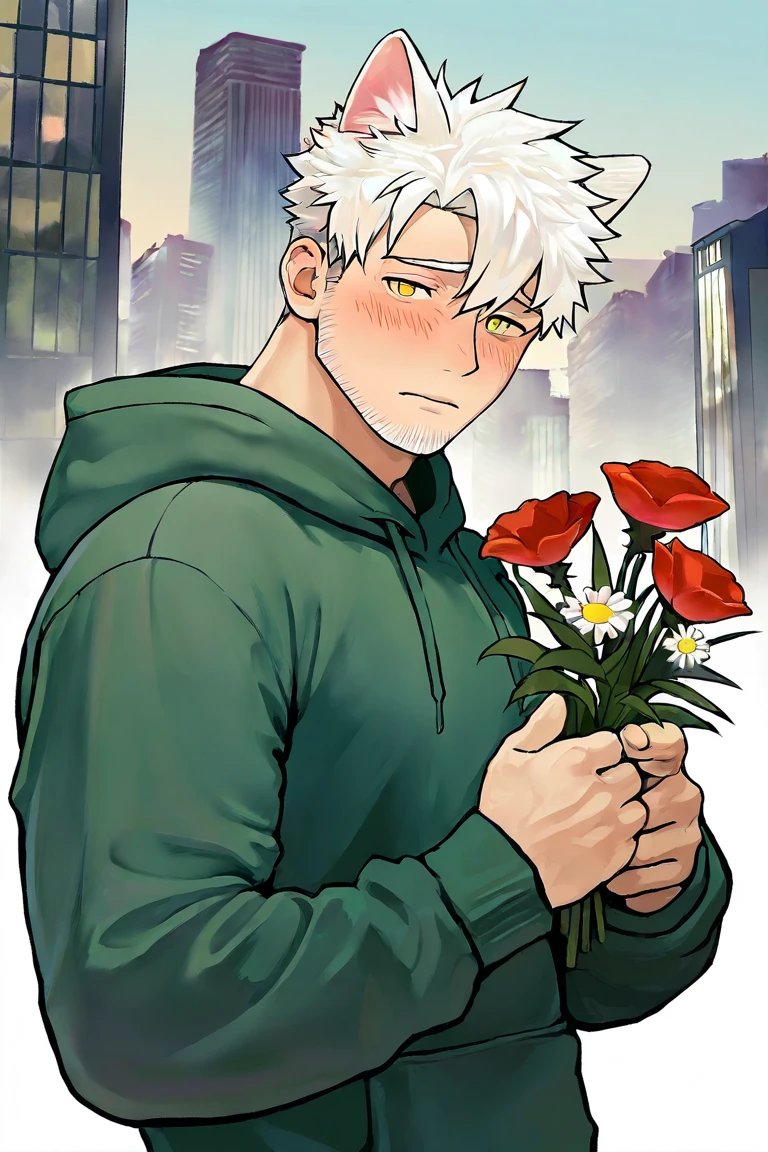 masterpiece, best quality, highres, newest, 1boy, bara, solo, male focus, mature male, short hair, white hair, yellow eyes, looking at viewer, upper body, blush, shy, standing, green hoodie, lond long sleeves, animal ears, cat ears, cat boy, holding flower, holding bouquet, outdoors, city, building <lora:OIS - Bara Style 6 [LoRA] - NoobAI-XL EPS 1.0:0.7>