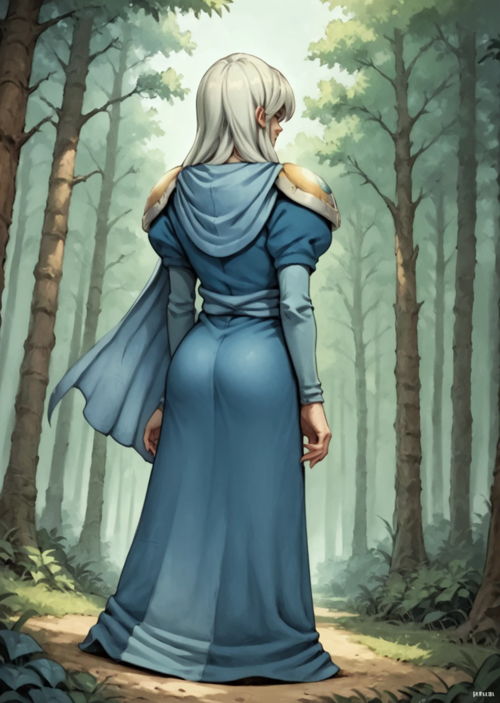 score_9, score_8_up, score_7_up, AnriSF, shoulder armor, outdoors, forest, sharp, high quality, solo, blue cape, blue robe, 1girl, woman standing, from behind, long hair, <lora:Anri-000005:1>