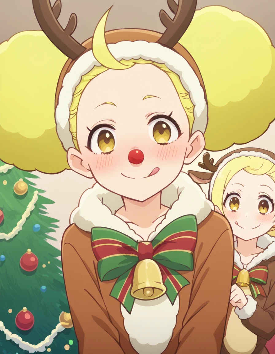 score_9, score_8_up, score_7_up, source_anime, <lora:lemone-juicy-s1-ponyxl-lora-nochekaiser:1>, lemone juicy, blonde hair, yellow eyes, ahoge, hair bun, double bun, anime screencap,, <lora:reindeer-costume-ponyxl-lora-nochekaiser:1>, reindeer costume, animal costume, reindeer antlers, antlers, fake antlers, reindeer hood, christmas, red nose, deer ears, deer tail, christmas tree, bell, horns, reindeer,, blush, smile, tongue out, looking at viewer,, , dutch angle, cowboy shot