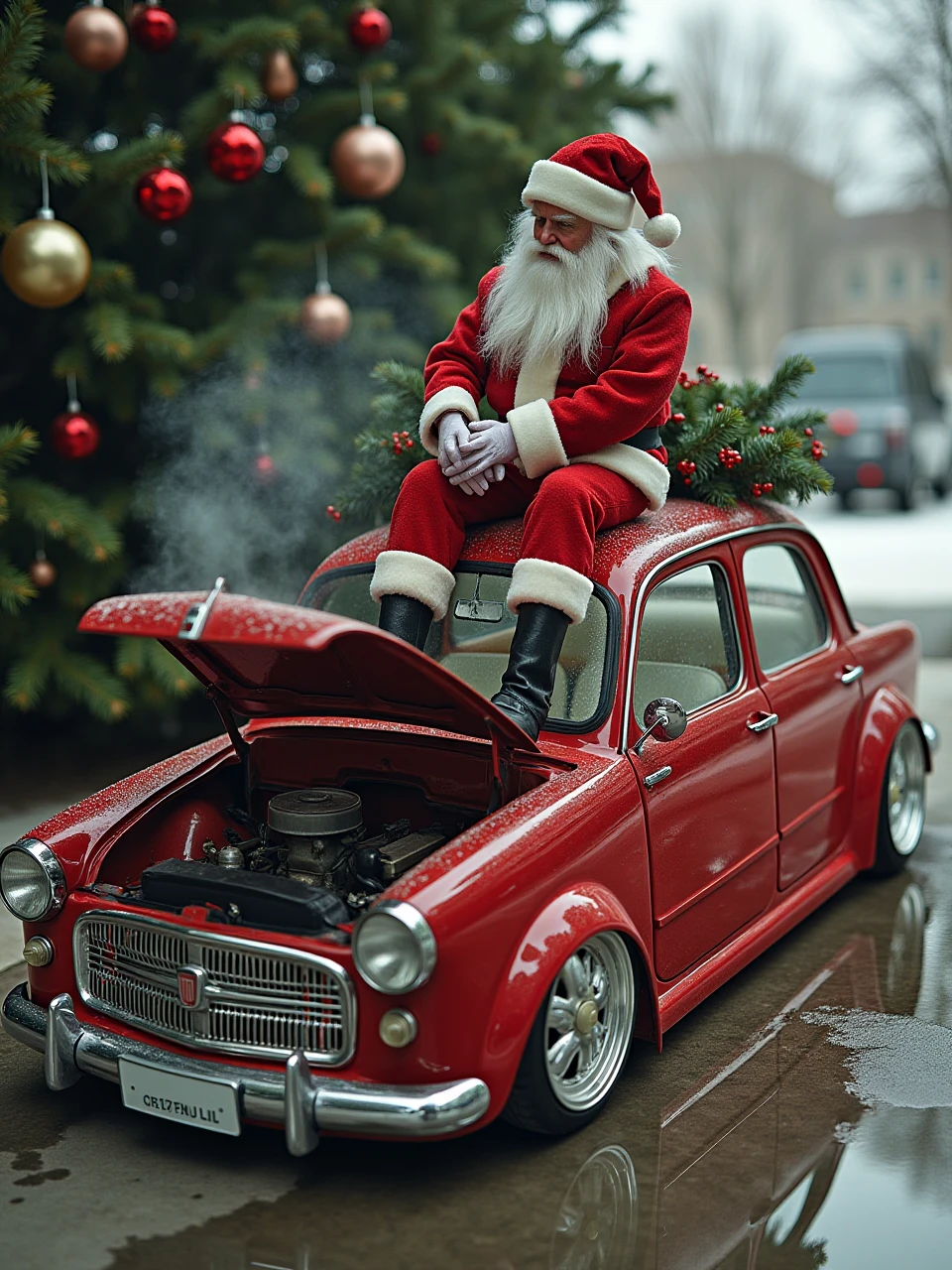 This is an automotive photography photo of a Christmas-colored Fiat 1100 car that crashed into a Christmas tree with the engine hood cracked open and the engine smoking. Santa Claus is sitting on the roof of the car with a cigarette and a helpless look on his face.



coh24, Fiat 1100.