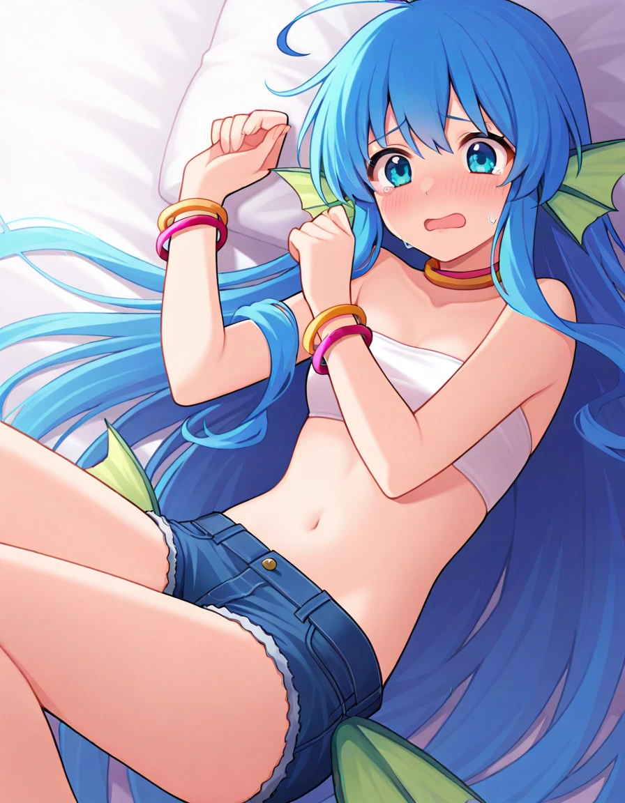 <lora:Pserilly_SDXL_Illustrious01_fp16_ver01:1>,Pserilly,1girl,solo, blue hair, blue eyes, very long hair, head fins,bracelet,choker,bandeau,denim shorts,embarrassed,lying on bed,streaming tears,open mouth,<lora:HairintakesEraser_v01_illustrious_50steps:2>, masterpiece, best quality, very aesthetic, absurdres,<lora:detailed_hands:1>,hand