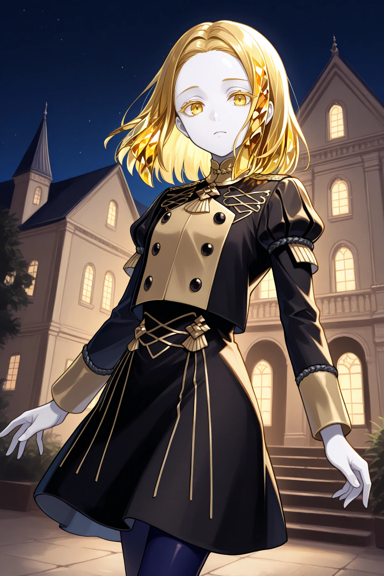 masterpiece, best quality, , solo, <lora:gmuniform1-illu-nvwls-v1:1> gmuniform1, black jacket, gold trim, puffy sleeves, black buttons, black skirt, blue pantyhose  <lora:Hoseki_HousekiNoKuni_YellowDiamond_PDXL_v1:1> 1other, ylwdmd, white skin, colored eyelashes, yellow eyes, crystal hair, yellow hair, medium hair, forehead, night, victorian architecture, looking at viewer, tired