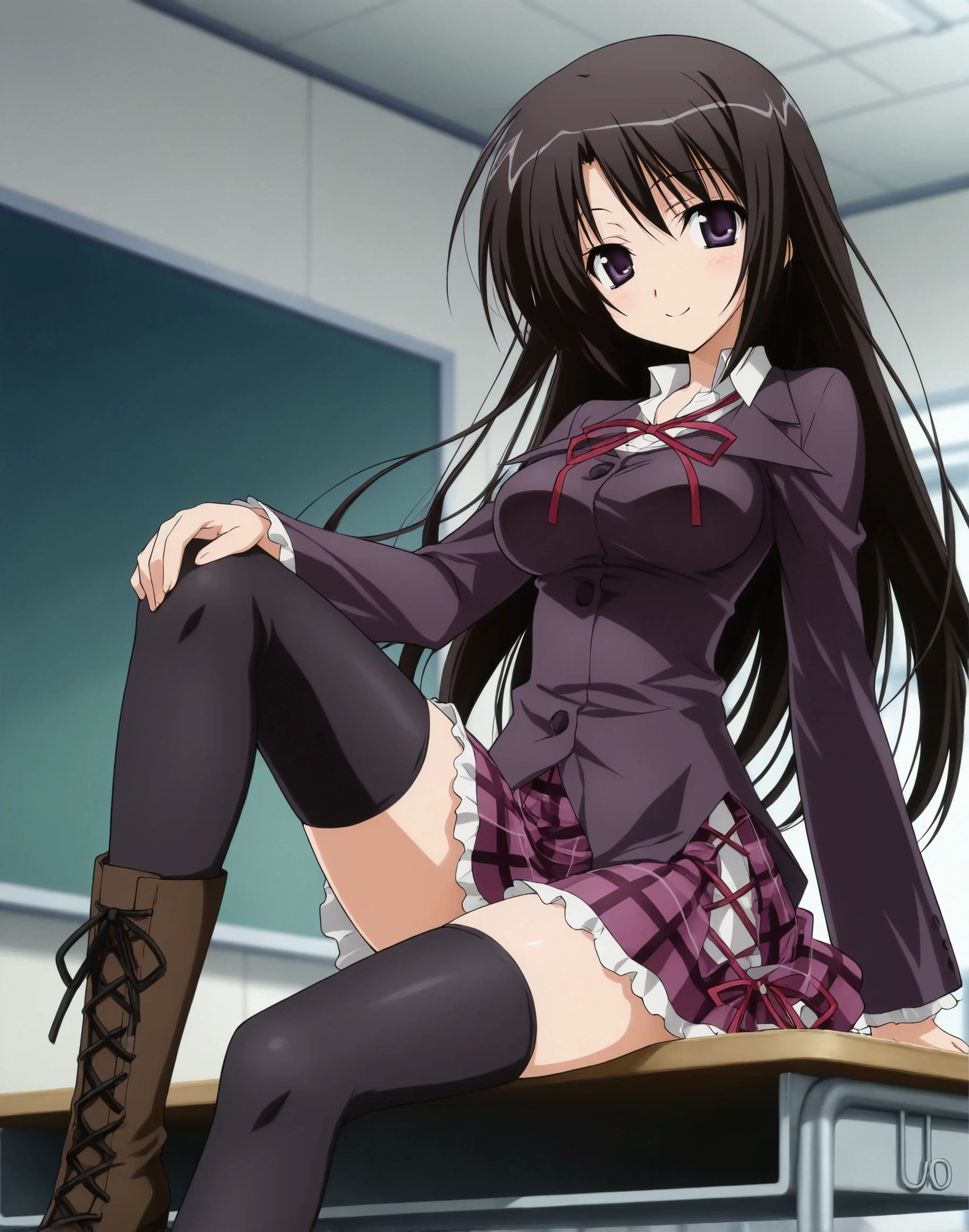 1girl,medium breasts,
<lora:Chiduru_Illustrious V1:0.9>,chiduru01, thighhighs, black hair, long hair, boots, school uniform, skirt, zettai ryouiki, plaid skirt, plaid, ribbon, lace-up boots,dark purple eyes,long sleeves,in classroom, sitting on desk,looking at viewer, smile,