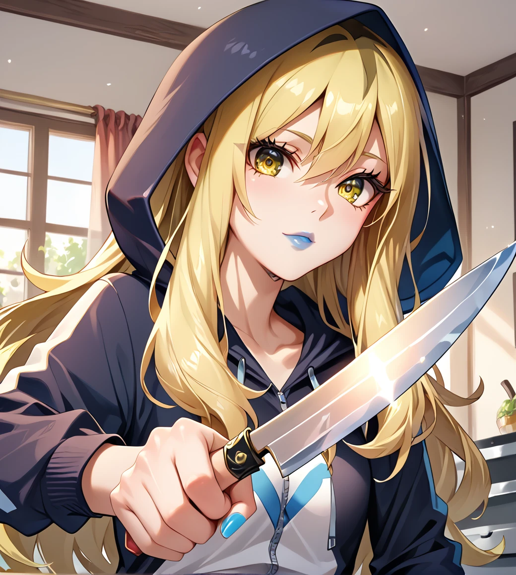 <lora:Delinquent_Pokemon_ORAS:1> delinquent_oras, long hair, blonde hair, multicolored hair, hood, track pants, blue lips, blue nails, yellow eyes, <lora:HoldingKnife_Pony_V1.0:1> holdkknife, upper body,holding,holding knife,kitchen knife,, score_9, score_8_up, score_7_up, score_6_up, score_5_up,, detailed eyes, detailed face, detailed hands, <lora:detailed_notrigger:1>, (masterpiece), (best quality), (ultra-detailed), (best illustration), detailed face, skin pores, detailed skin, detailed eyes, high quality eyes, good quality hands, high resolution, great anatomy, high quality, highres,