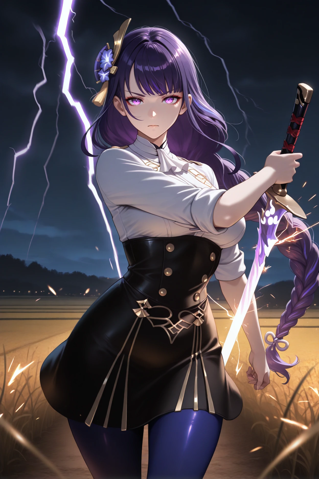 masterpiece, best quality, , solo, <lora:gmuniform2-illu-nvwls-v1:1> gmuniform2, white ascot, white shirt, black skirt, high-waist skirt, sleeves rolled up, blue pantyhose,  raiden shogun, purple hair, looking at viewer, holding sword, serious, night, field, lightning, hair ornament, sparks around sword, brandishing sword