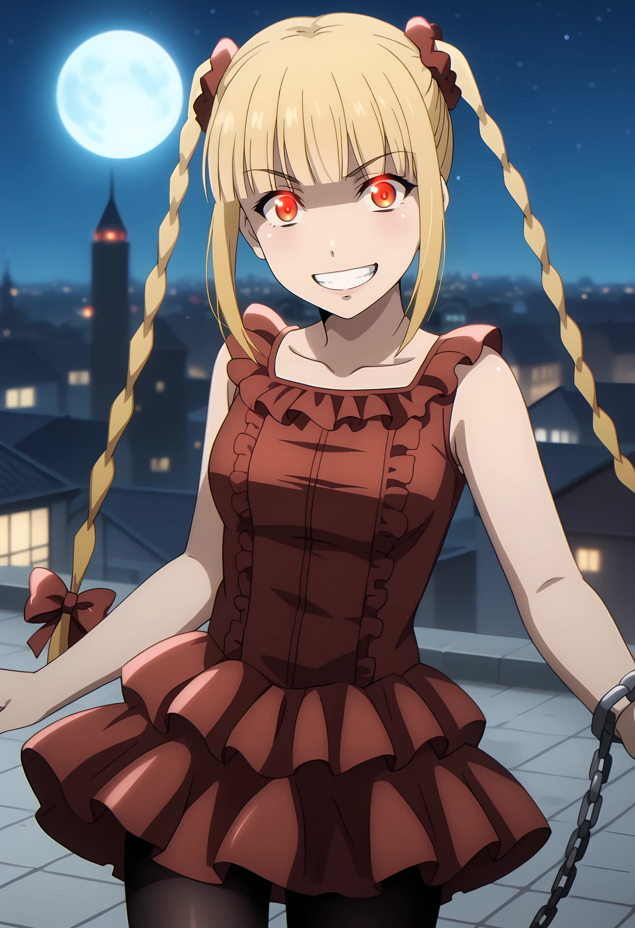 anime screencap,
<lora:DarwinsGame_KarinoShukaXL:0.9>,
1girl, solo, open mouth, crazy smile, grin,
long hair, blonde hair, twin braids, glowing eyes, red eyes, blunt bangs, hair scrunchie, red scrunchie,
ShukaRedDress, sleeveless dress, red dress, frilled dress, black pantyhose,
chain,
cowboy shot, standing, looking at viewer,
night, dark, starry sky, moon, rooftop, cityscape, blurry background