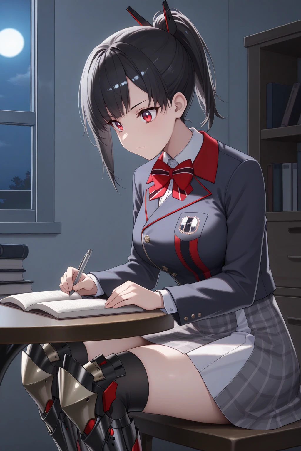 masterpiece, best quality, serious, 1girl, zwei, large breasts, red eyes, black hair, medium hair, asymmetrical bangs, sidelocks, ponytail, hair ornament, red bowtie, striped bowtie, blue jacket, cropped jacket, white collared shirt, high-waist skirt, plaid skirt, grey skirt, knee boots, armored boots, studying, indoors, night, moonlight, sidelighting, table, <lora:Hoseki_Nikke_Zwei_IllustriousXL_v1:1>