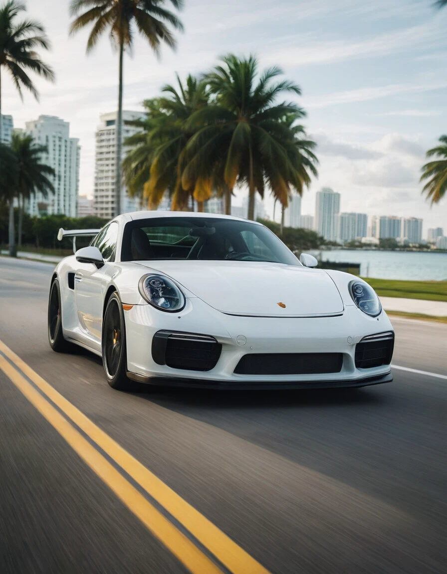 cinematic photo of white Porsche in Miami, perfect lighting, vibrant, high detailed, epic, movie still, motion blur, film grain