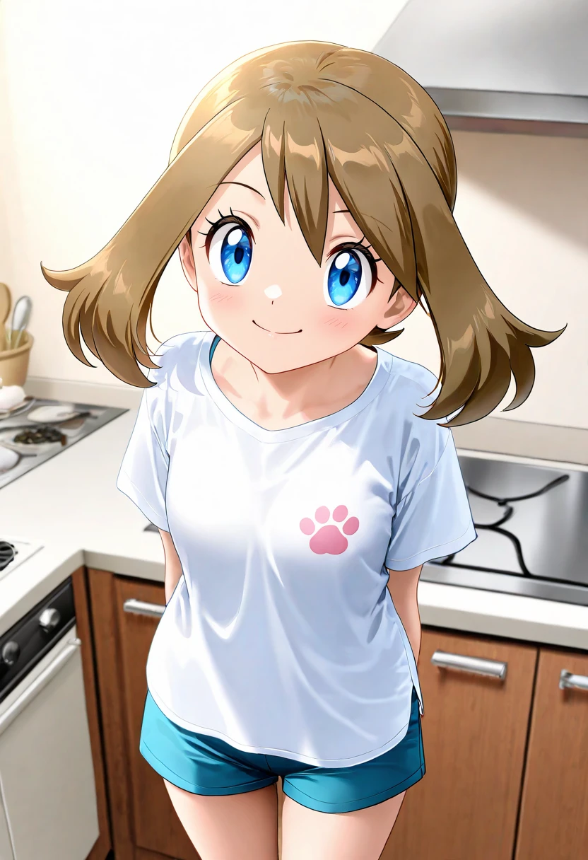 masterpiece, best quality, amazing quality, very aesthetic, newest, general, 
solo, may \(pokemon\), pokemon, blue eyes, eyelashes, brown hair, happy, 
white T-shirt, shorts, standing, paw pase, 
Kitchen, 
ikeda kazumi, (nishiya futoshi:0.6), (mutsuki \(moonknives\):0.5), (zen \(kamuro\):0.6), <lora:nyalia:0.15>, <lora:dj_sloppa_ill_v2:0.3>,