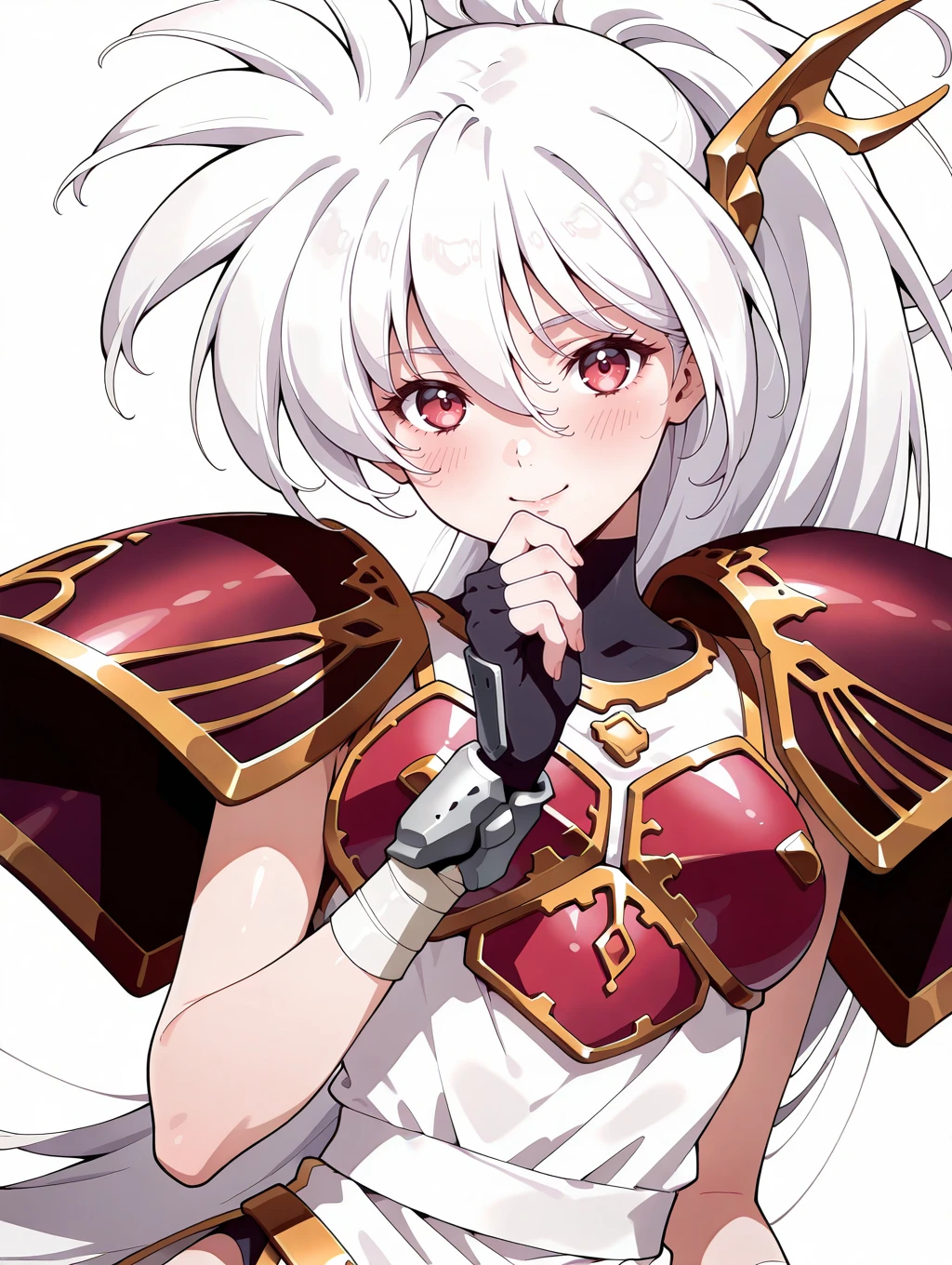 masterpiece,best quality,amazing quality,
1girl,solo,<lora:luna_ilxlv1:1>,Luna,white hair,red eyes,hair ornament,ponytail,l_clothes,shoulder armor,
<lora:Fixhands_anime_bdsqlsz_V1:1>,looking_at_viewer,upper_body,face_focus,dynamic_angle,cinematic_angle,smile,light_blush,white_background,simple_background,hand to own mouth,profile,