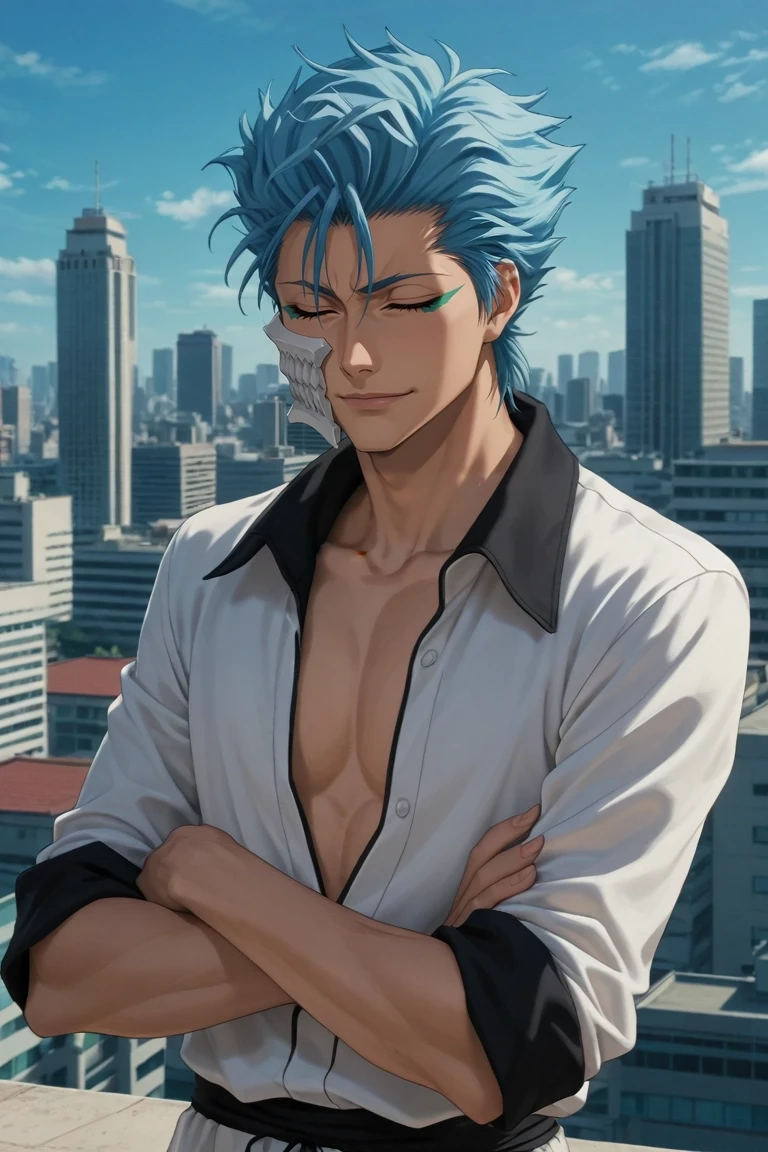 score_9, score_8_up, score_7_up, source_anime, rating_safe, , anime screencap, anime coloring, official style, , , 1boy, solo, male focus, <lora:grimmjow_jaegerjaquez_pony:0.96>, grimmjow_jaegerjaquez, blue hair, blue eyes, facial mark, arrancar, mask, short hair, upper body, rooftop, tokyo \(city\), building, skyscraper, dawn, arms under breasts, (closed eyes:1.2), smile, timber costume, <lora:sdxl_lightning_8step_lora:1>