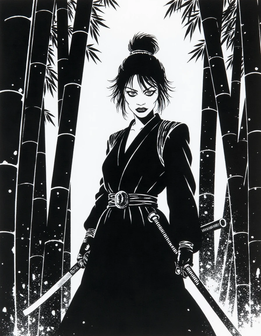 A disncty noir style comic illustration, , A female samurai standing ready in a bamboo forest.,<lora:sin-city_v20-000120:1>