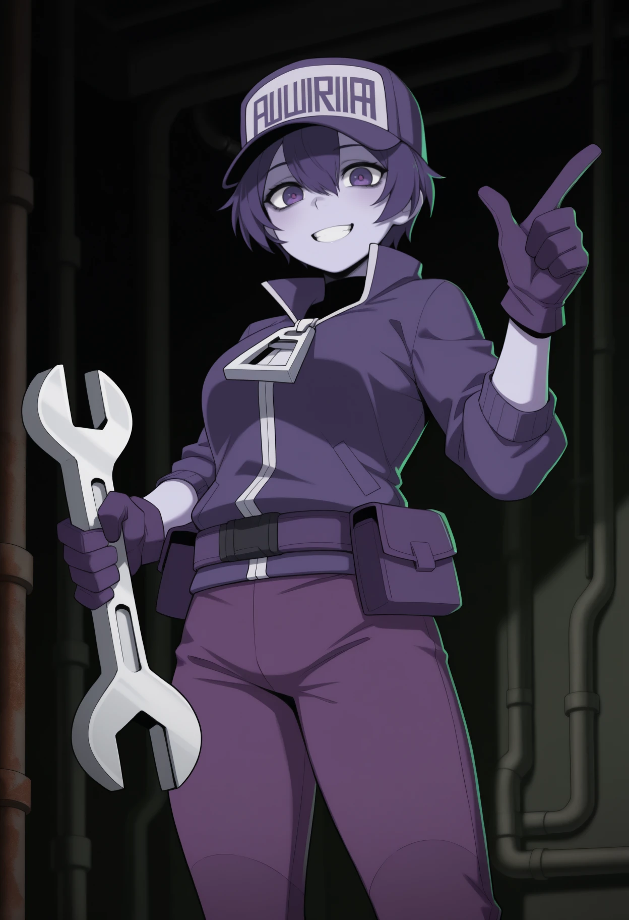 masterpiece, best quality, solo, 1girl, ulut, light purple skin, grin, looking at viewer, standing, holding wrench, index finger raised, short hair, hair between eyes, purple headwear, baseball cap, clothes writing, purple eyes, purple jacket, collared jacket, zipper pull tab, sleeves past elbows, purple gloves, purple belt, utility belt, belt pouch, purple pants, indoors, dark background, industrial pipe, rust
<segment:yolo-face_yolov8m.pt,0.4,0.5//cid=1>