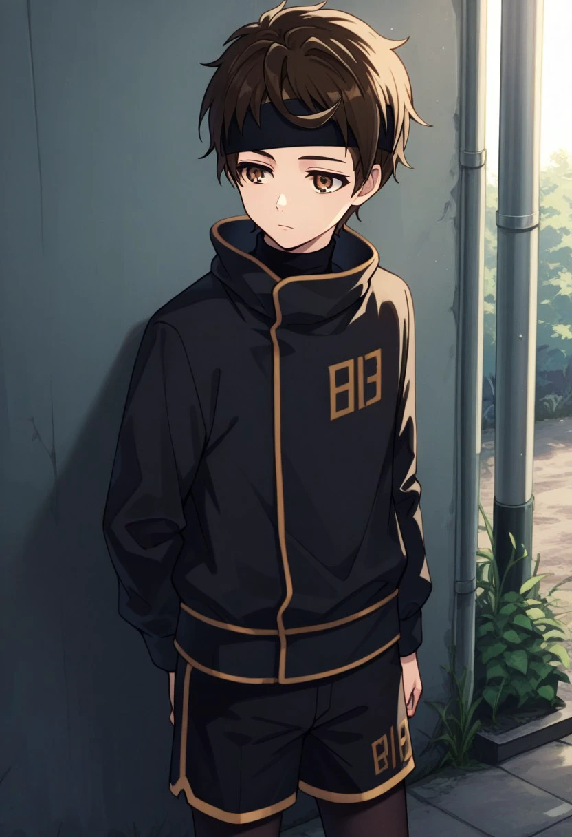 masterpiece, best quality, 
baamtg, 1boy, male focus, solo, brown eyes, brown hair, short hair, bangs, headband, black headband, shirt, black shirt, turtleneck, jacket, black jacket, long sleeves, shorts, black shorts, pantyhose, black pantyhose, 
outdoor