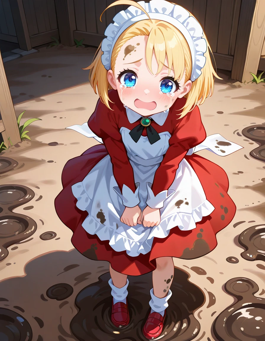 <lora:Pkikimora_SDXL_Illustrious01_fp16_ver02:1>,Pkikimora, 1girl, blue eyes, blonde hair, maid headdress, apron,P4dress,long sleeves, socks,red shoes,brooch,smile,mud,dirty,open mouth,crying, streaming tears, newest, masterpiece, best quality, very aesthetic, absurdres,<lora:detailed_hands:1>,hand