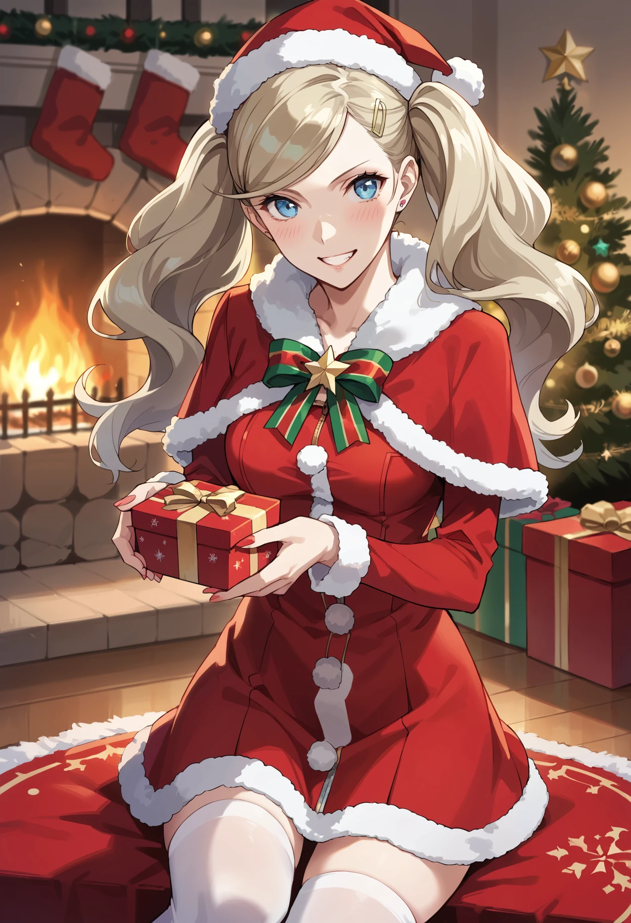 score_9, score_8_up, score_7_up, (source_anime), 1 girl, solo, nsfw, cute face,
p5ann, twintails, long hair, takamaki anne, blonde hair, hairclip,
santa dress, santa hat, holding present, arms extended, white thighhighs, zettai ryouiki,
indoors, evening, fireplace, grin, blushing, 
masterpiece, best quality, ultra detailed, absurdres, very aesthetic