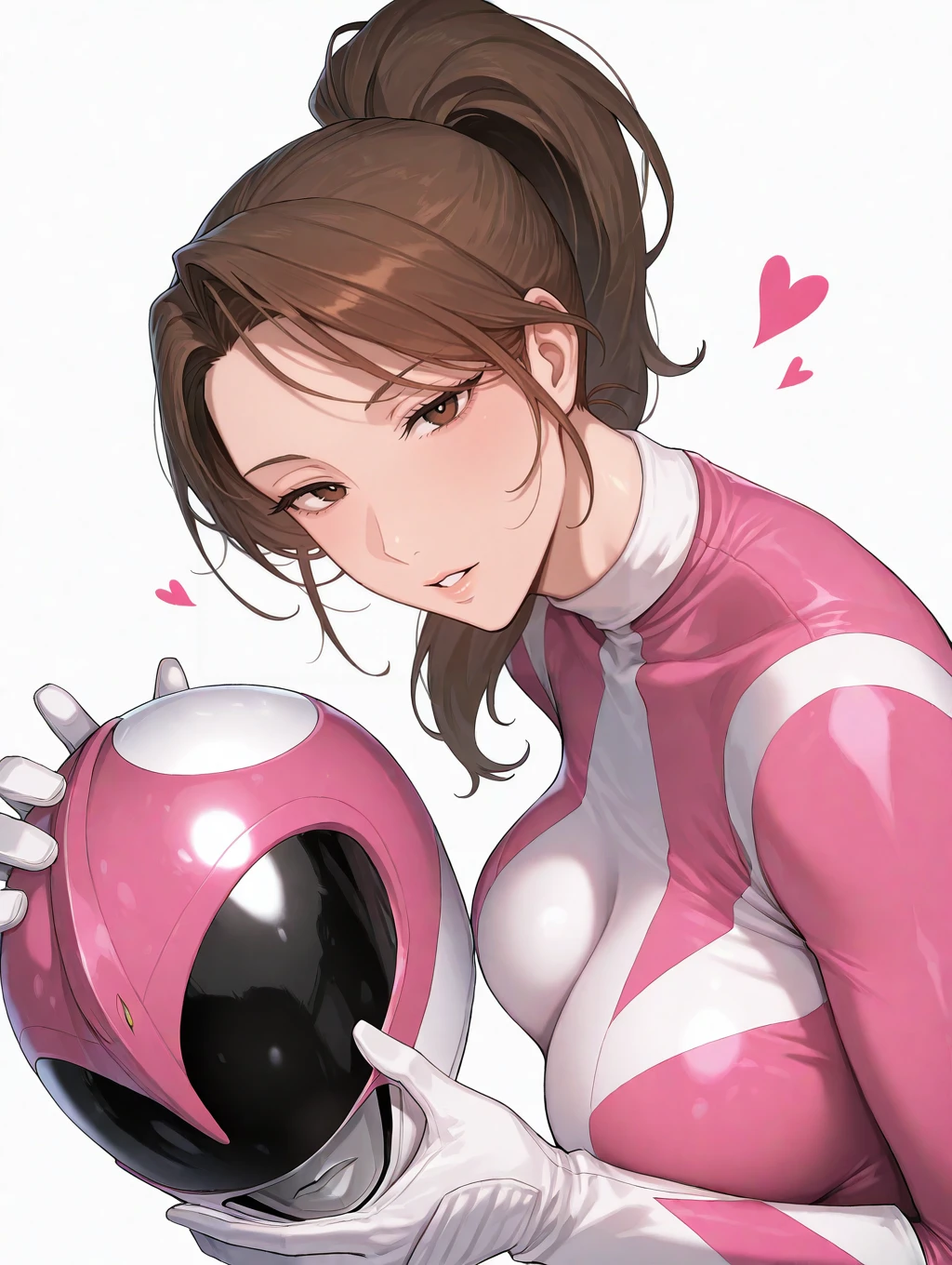 pink power ranger,pink bodysuit,white gloves,unworn helmet,1girl,solo,holding helmet,looking at viewer,ponytail,parted lips,white background,upper body,heart,simple background,
masterpiece,best quality,amazing quality,very aesthetic,absurdres,newest,<lora:Pink Ranger illuXL v1.1:0.65>,