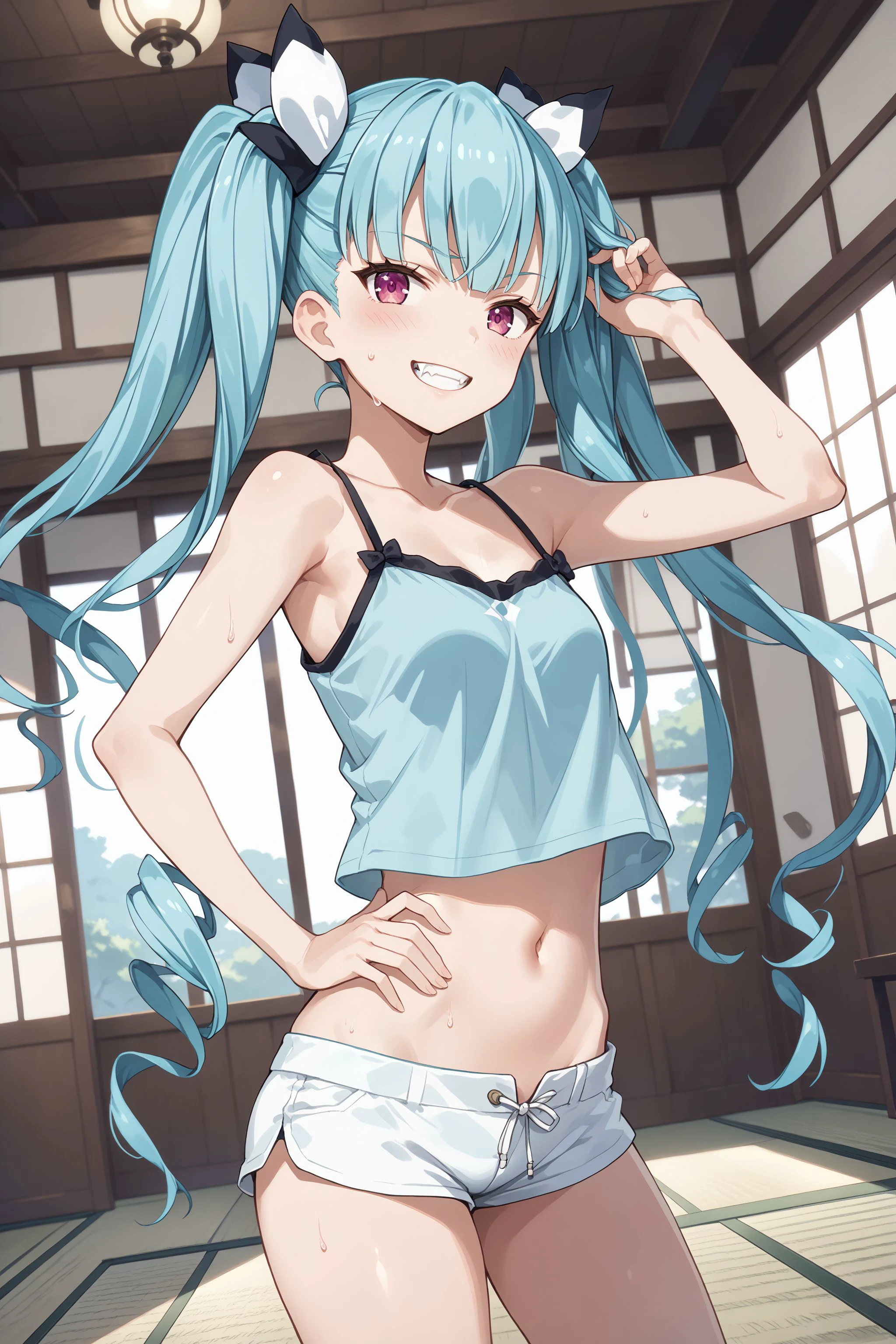 masterpiece, beautiful, 4k, detailed, intricate details, , shota, overalls, jean overalls, cuffed overall, long ponytail turquoise hair, ((??turquoise hair)), (((red eyes)), smile, slight smile, 1boy, young delicate prince, shirtless, overalls over skin, bare shoulders, bare sleeves, bare arms, facing forward, side cut, torso shown, leaning forward, flat chest,(nsfw:0.55), ((flat chested, flat stomach, baby face)), (intense colors)