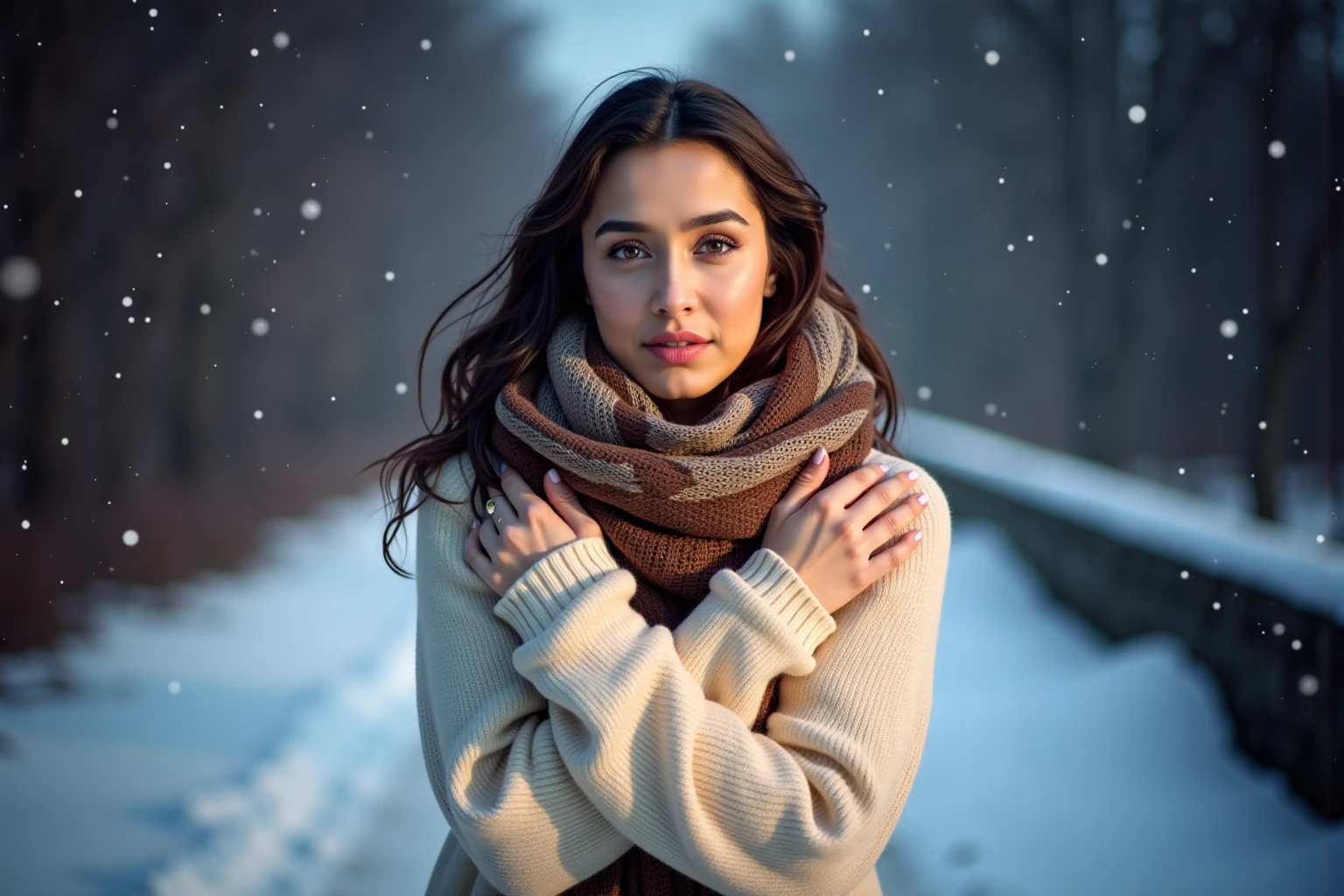 shraddhakaukohwx,  stands outdoors,  arms wrapped around herself in a warm,  cream-colored, knitted sweater. A patterned brown and beige scarf is draped around her neck.  She's holding herself closely,  exhibiting a warm and cozy mood.  Her expression is serene and thoughtful.  Natural light illuminates her,  creating soft shadows.  The background is a blurred, deep blue-gray, with a soft snowfall effect, creating an impression of cold winter weather.  The snowfall is scattered across the background, appearing as small, light-colored speckles. Soft, diffused light makes the colors visually appealing.  Slight depth of field is used; the background light sources are blurred,  drawing the viewer’s eye to the subject.  The image is photorealistic with a gentle aesthetic, capturing a winter scene. Soft focus,  natural lighting.
