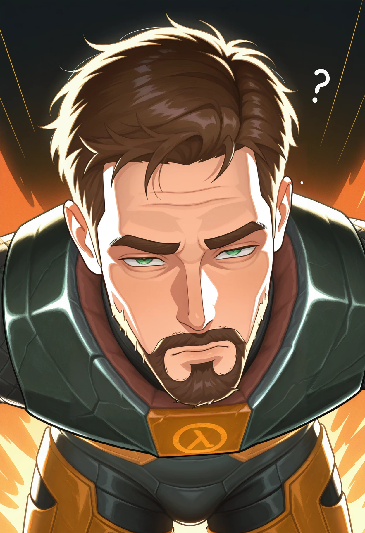 masterpiece, best quality, hires, absurdres, newest, 1boy, solo, male focus,<lora:gordonfreeman-hl-richy-v1_ixl:1>  gordonfreeman, brown hair, short hair, facial hair, green eyes, squinting, half-closed eyes, leaning forward, looking at viewer, confused,