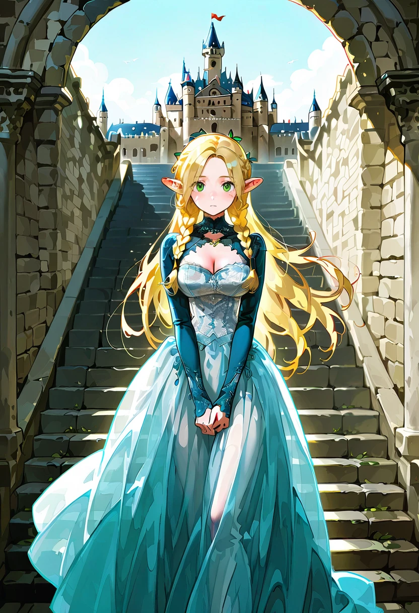 1girl,solo,looking at viewer,ikeda ruriko, ar dress, long sleeves,jewelry,marcille_donato,castle,stairs,