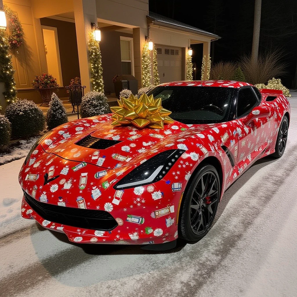 an image of a sleek red sports car completely gift-wrapped in vibrant holiday gift paper and topped with a giant golden bow, parked in a snowy driveway with festive lights and decorations in the background