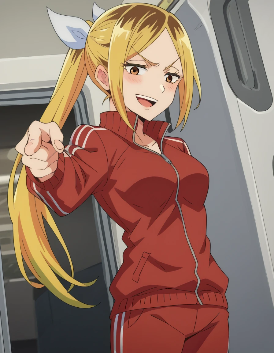 score_9, score_8_up, score_7_up, source_anime, <lora:hitomi-koshigaya-s1-ponyxl-lora-nochekaiser:1>, hitomi koshigaya, blonde hair, brown eyes, long hair, brown hair, two-tone hair, ponytail, hair ribbon, medium breasts, anime screencap,, track suit, pants, track jacket, track pants,, train station, waiting for train, suitcase, traveling, commute, city skyline, hands behind back, smile, <lora:jotaro-kujo-pose-ponyxl-lora-nochekaiser:1>, jotaro kujo pose, kujo jotaro's pose (jojo), jojo pose, pointing, pointing at viewer, blush, open mouth, bed room,, cowboy shot, looking at viewer, solo,, dutch angle, cowboy shot