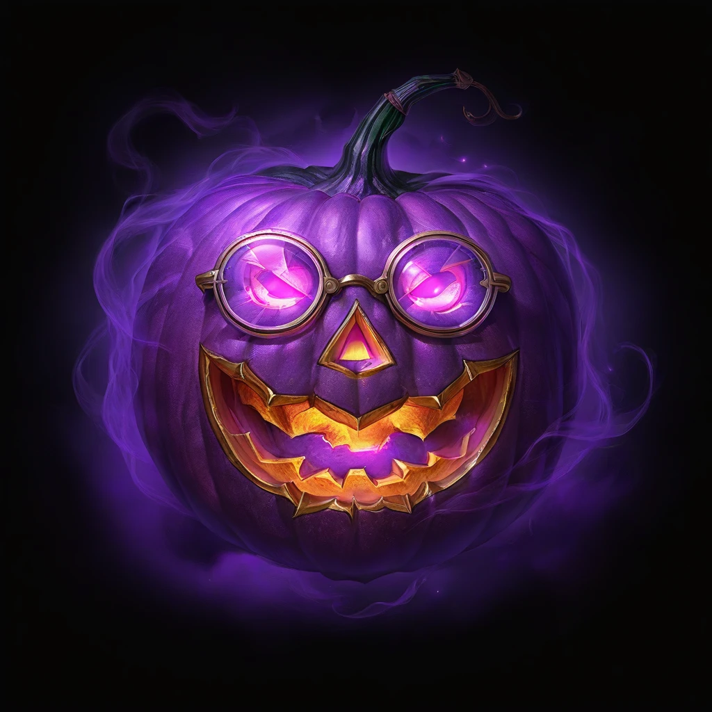 (((black background, simple background))),masterpiece,best quality,great quality,good quality,gmic_\(anheifeng\)ï¼A Halloween purple pumpkin with glowing glasses,<lora:gmic icon_g67icon-000014:0.75>,