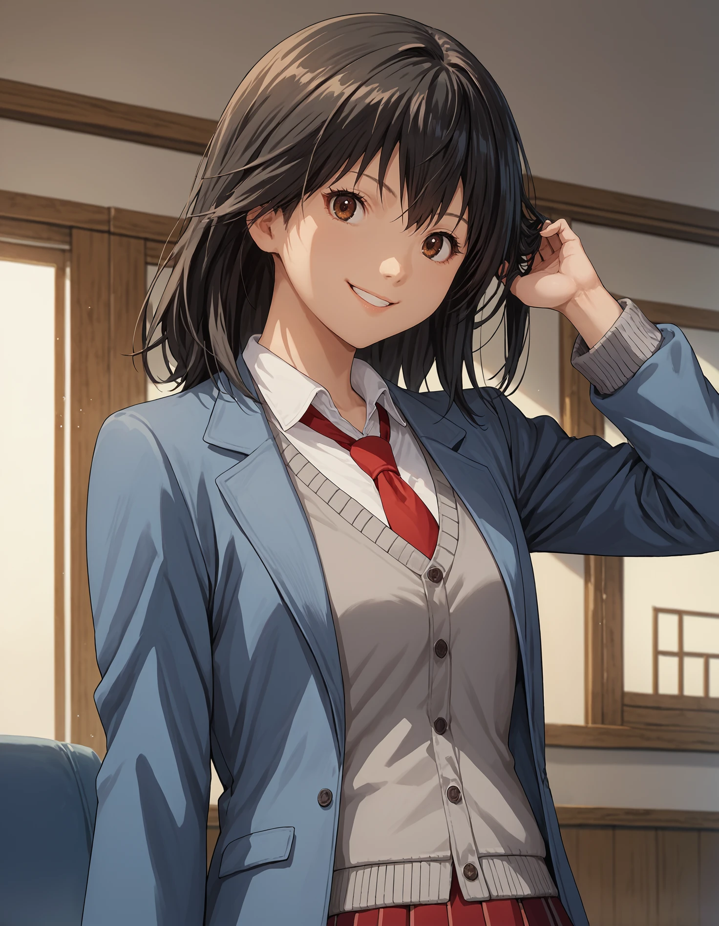 score_9, score_8_up, source_anime, 1girl, upper body, medium shot, detailed, misakiyamamoto, brown eyes, black hair, white shirt, red tie, grey sweater, blue jacket, red striped skirt, hand in hair, smiling, indoors, (side view:0.7), <lora:misakiyamamoto_XL:0.8>