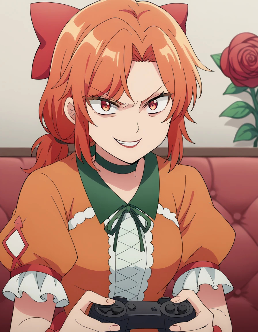 score_9, score_8_up, score_7_up, source_anime, <lora:akane-makino-s1-ponyxl-lora-nochekaiser:1>, akane makino, orange hair, medium hair, ponytail, orange eyes, mature female, medium breasts, anime screencap,, dress, flower, bow, hair bow, rose, red rose, choker, short sleeves, red flower, red bow, puffy sleeves, ribbon, puffy short sleeves, green choker, orange dress,, living room, video game, controller, competitive, fun, afternoon, smile, <lora:just-as-planned-ponyxl-lora-nochekaiser:1> just as planned, just as planned (meme), meme, death note (object), parody, evil grin, evil smile, smirk, shaded face,, looking at viewer, solo,, dutch angle, cowboy shot