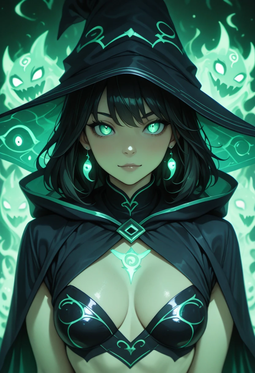 HDR, 8k, high contrast, masterpiece, best quality, amazing quality, very aesthetic, high resolution, ultra-detailed, absurdres, newest, scenery, (1girl, close up shot, upper body, witch, wearing magical dress and witch hat, facing the viewer, she is summoning multiple demons, multiple demons behind her also facing the camera, dark magic, demonic powers:1.2)