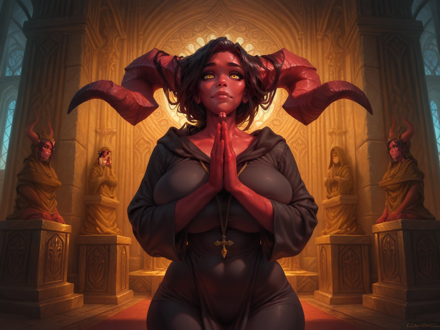 mature female, demon, yellow eyes, black long ponytail hair, curvy, large shaggy breasts, (red skin body), huge horns, altar, indoor, hand up, praying, black demonic robe, head up, solo,
, <lora:Calm:0.8>, calm style, western art, masterpiece, best quality, amazing quality