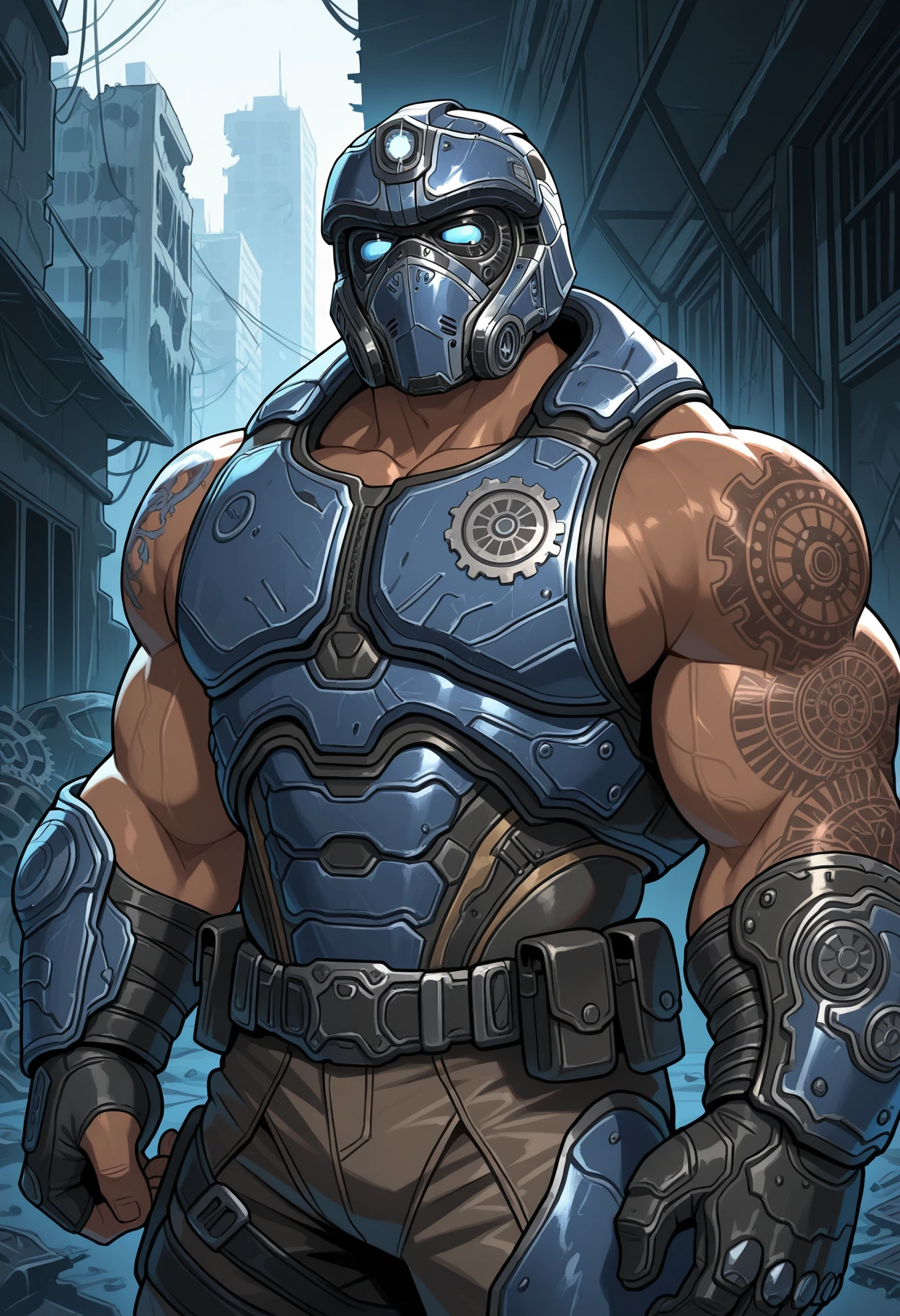 outside, abandoned building, clayton carmine, gears of war, dark-skinned male, tattoo, helmet, muscular, detailed body, detailed background, perfect anatomy, masterpiece, high quality, best quality, <lora:detailed_notrigger:1> <lora:ClaytonCarmine_Doomguy_MasterChief_V1_ILXL:1>