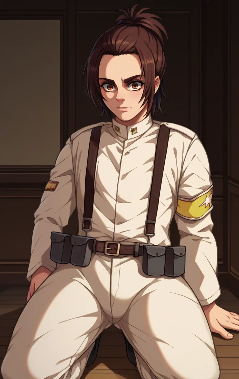 score_9,score_8_up,score_7_up,zPDXL2,zPDXLxxx,zPDXL3,<lora:Gabi:1>,GabiBraunMArlo,1girl,brown hair,brown eyes,ponytail,belt,uniform,military,military uniform,suspenders,armband,pouch,white pants,cowboy shot,room,room background,kneeling,v