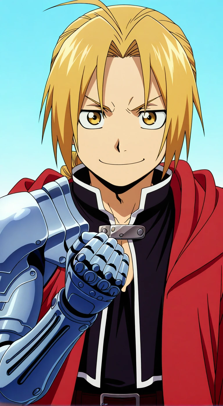 score_9, score_8_up, score_7_up, source_anime, highres, (masterpiece, best quality, (anime, anime coloring:1.3),1boy,solo,male focus,Anime screencap,edward elric,blonde hair,long hair,yellow eyes,ahoge,braiden ponytail,single mechanical arm,simple background,smile,red coat,smile