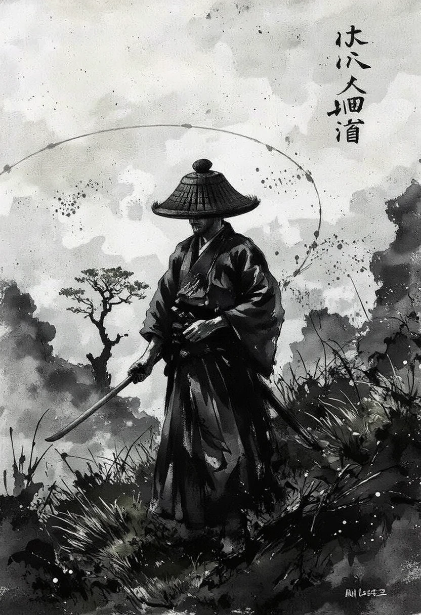 1man, standing on the grassland, the wind is blowing, <lora:mystic-sumi_v40:1>, ink and brushstroke dismrt style,<lora:amigasa:0.9>,amigasa,holding katana,portrait,, look at viewer,fighiting pose,