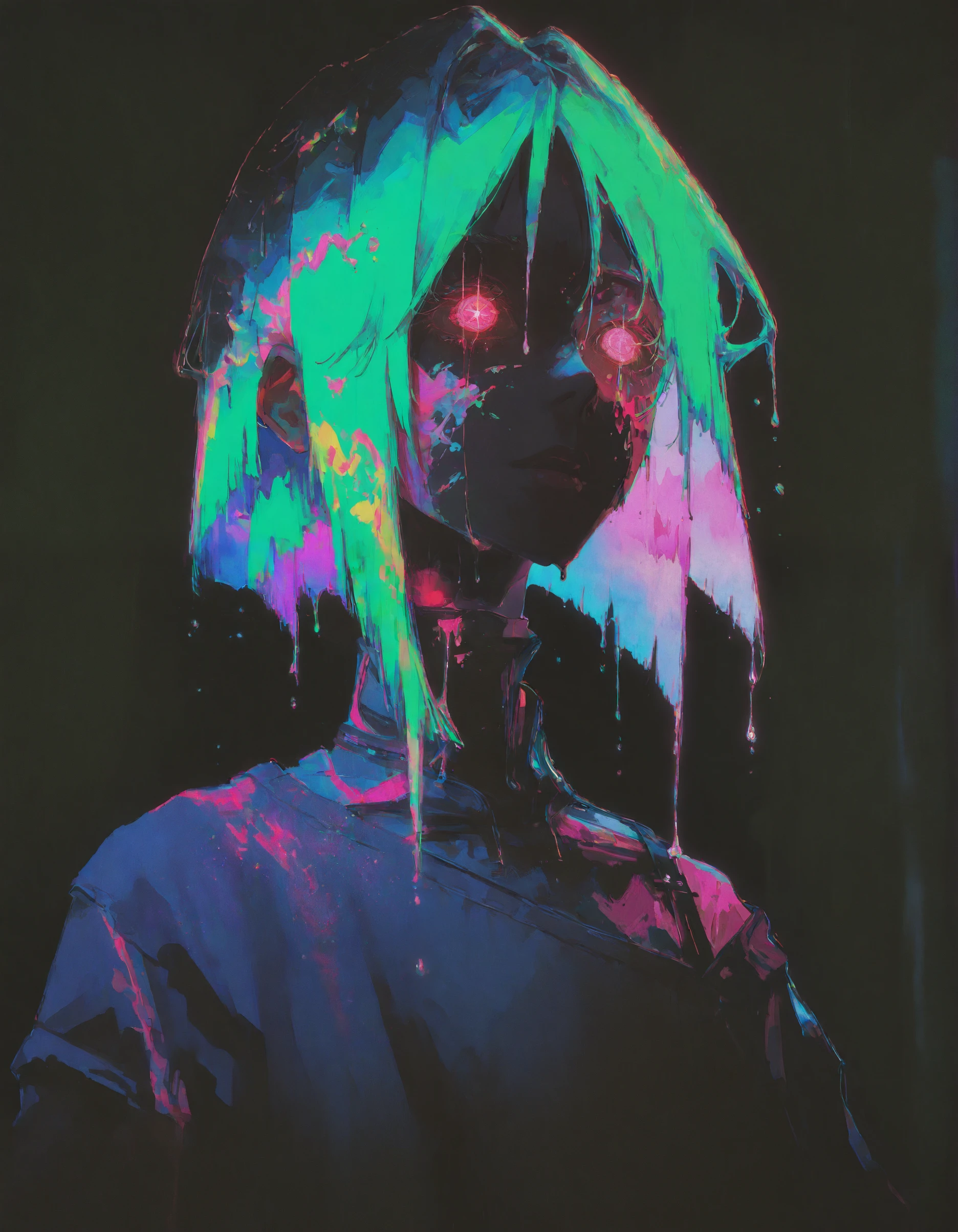 <lora:114558v4df2fsdf5:1>,1other, neon colors, dripping paint effect, glowing eyes, dark background, cyberpunk aesthetic, vivid green and pink, melting style, surreal portrait, digital art, hypnotic gaze, abstract hair, fluorescent lighting, dystopian mood, intricate details, high contrast, vibrant color splashes, futuristic design, eerie atmosphere, pop art influence
,<lora:69yottea_illu_v2:1>