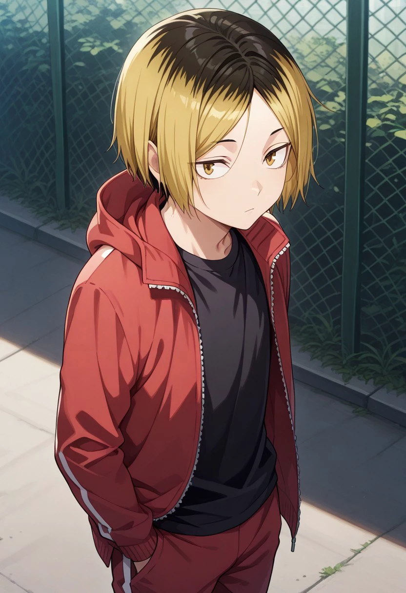 masterpiece, best quality,
kenma, 1boy, male focus, solo, brown eyes, short hair, multicolored hair, two-tone hair, roots (hair), blonde hair, black hair, parted bangs, sportwear, track suit, track jacket, red jacket, hood, open jacket, open clothes, shirt, black shirt, pants, red pants,
outdoor