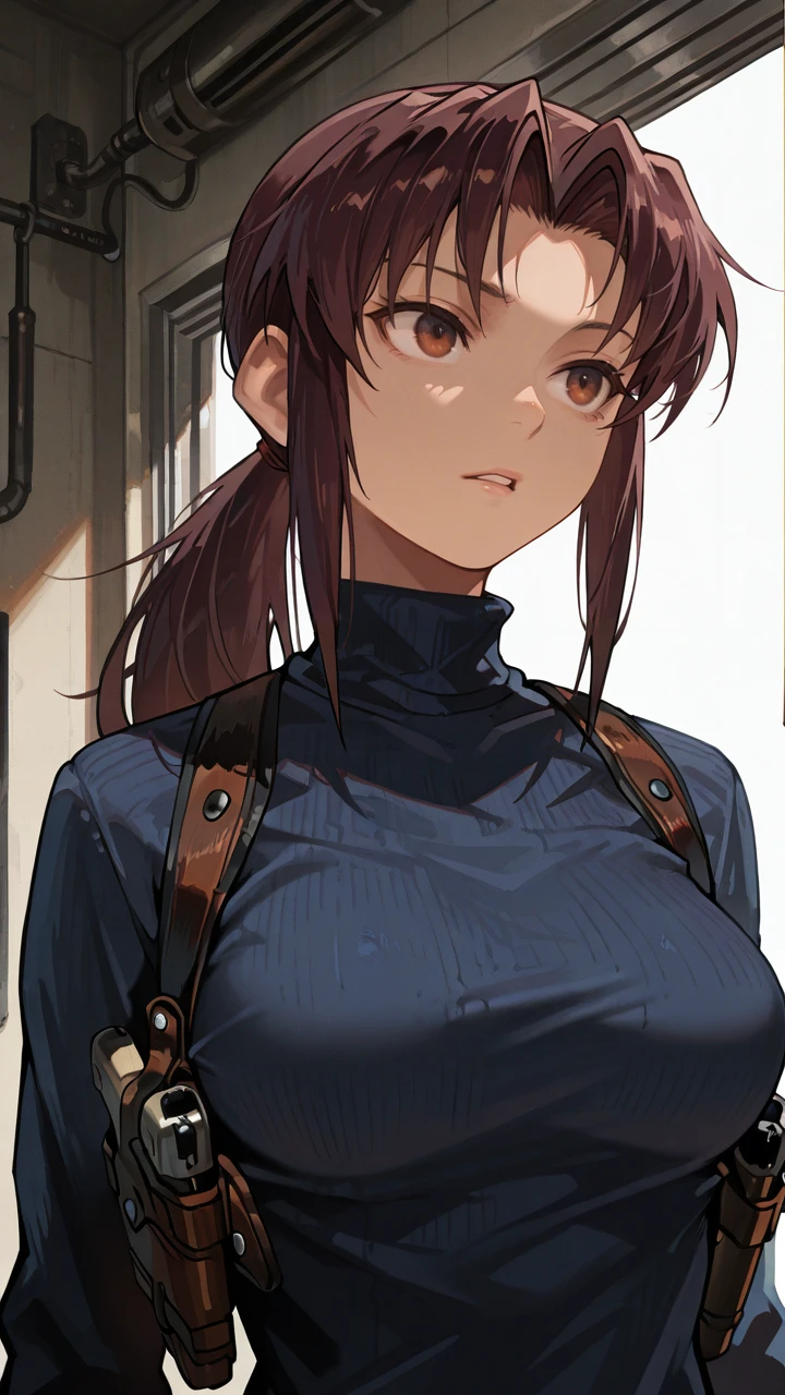 HDR,8K,high contrast,masterpiece,best quality,amazing quality,superabsurd res,high resolution,ultra-detailed,absurdres,newest,revy, 1girl, solo, brown hair, brown eyes, holster, ponytail, shoulder holster, long hair, upper body, breasts, turtleneck, medium breasts, parted lips, sweater,<lora:revy_illustrious_0007:1>,