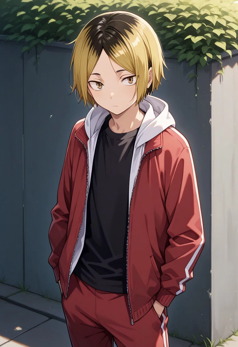 masterpiece, best quality,
kenma, 1boy, male focus, solo, brown eyes, short hair, multicolored hair, two-tone hair, roots (hair), blonde hair, black hair, parted bangs, sportwear, track suit, track jacket, red jacket, hood, open jacket, open clothes, shirt, black shirt, pants, red pants,
outdoor