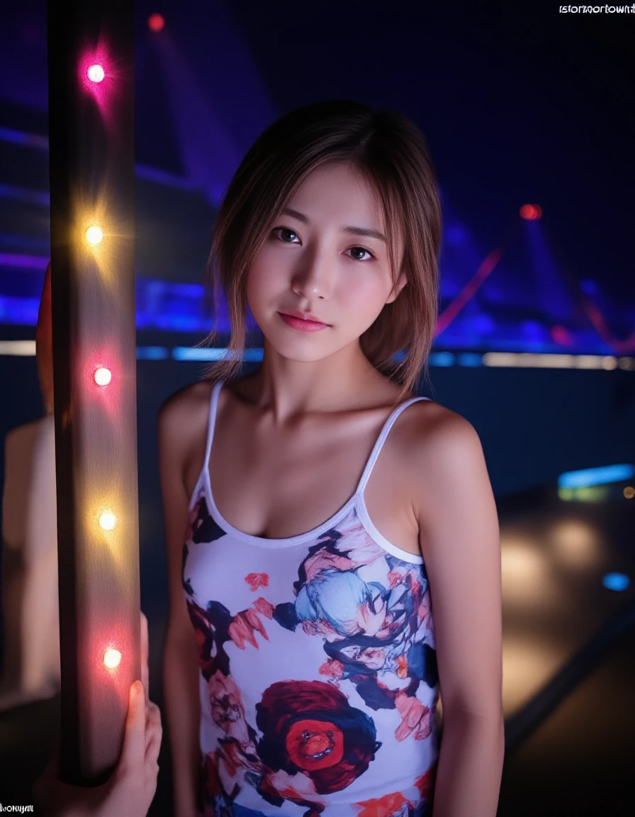 Photorealistic image of a woman, upper body, portrait,
"Teenager in a summer tank top with popular anime character prints.", (best quality), (masterpiece), 16k, 8K, ultra detailed, detailed skin, detailed face, masterpiece, best quality, ultra-detailed, intricate details, high resolution, 8k, sharp focus, vivid colors, high contrast, cinematic lighting, "The modern architecture of the Centre Pompidou, a hub of contemporary art in Paris.", (best quality), (masterpiece), 16k, 8K, ultra detailed, detailed skin, detailed face, masterpiece, best quality, ultra-detailed, intricate details, high resolution, 8k, sharp focus, vivid colors, high contrast, cinematic lighting, "A dramatic backdrop with colorful lights, creating a mesmerizing atmosphere for the pole dance performance."