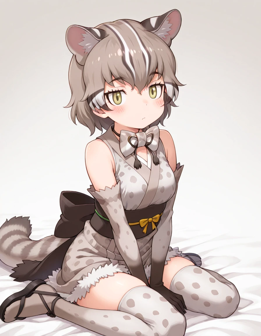 masterpiece, best quality, <lora:ツシマヤマネコ:1>, tsushima leopard cat \(kemono friends\), cat ears, animal ear fluff, yellow eyes, multicolored hair, brown hair, short hair, cat tail, animal print, leopard print, print bowtie, print kimono, sleeveless, sash, print skirt, back bow, fur-trimmed gloves, print gloves, elbow gloves, fur-trimmed skirt, thighhighs, print legwear, sandals, (looking at viewer, sitting, closed mouth, blush)