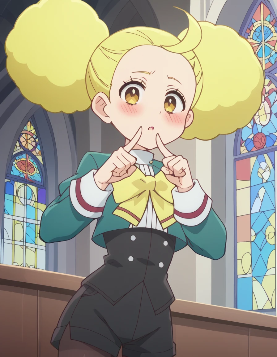 score_9, score_8_up, score_7_up, source_anime, <lora:lemone-juicy-s1-ponyxl-lora-nochekaiser:1>, lemone juicy, blonde hair, yellow eyes, ahoge, hair bun, double bun, anime screencap,, bow, school uniform, pantyhose, long sleeves, shorts, jacket,, church, steeple, pews, altar, holy, , <lora:x-fingers-ponyxl-lora-nochekaiser:1>, x fingers, blush, parted lips,, looking at viewer, solo,, dutch angle, cowboy shot