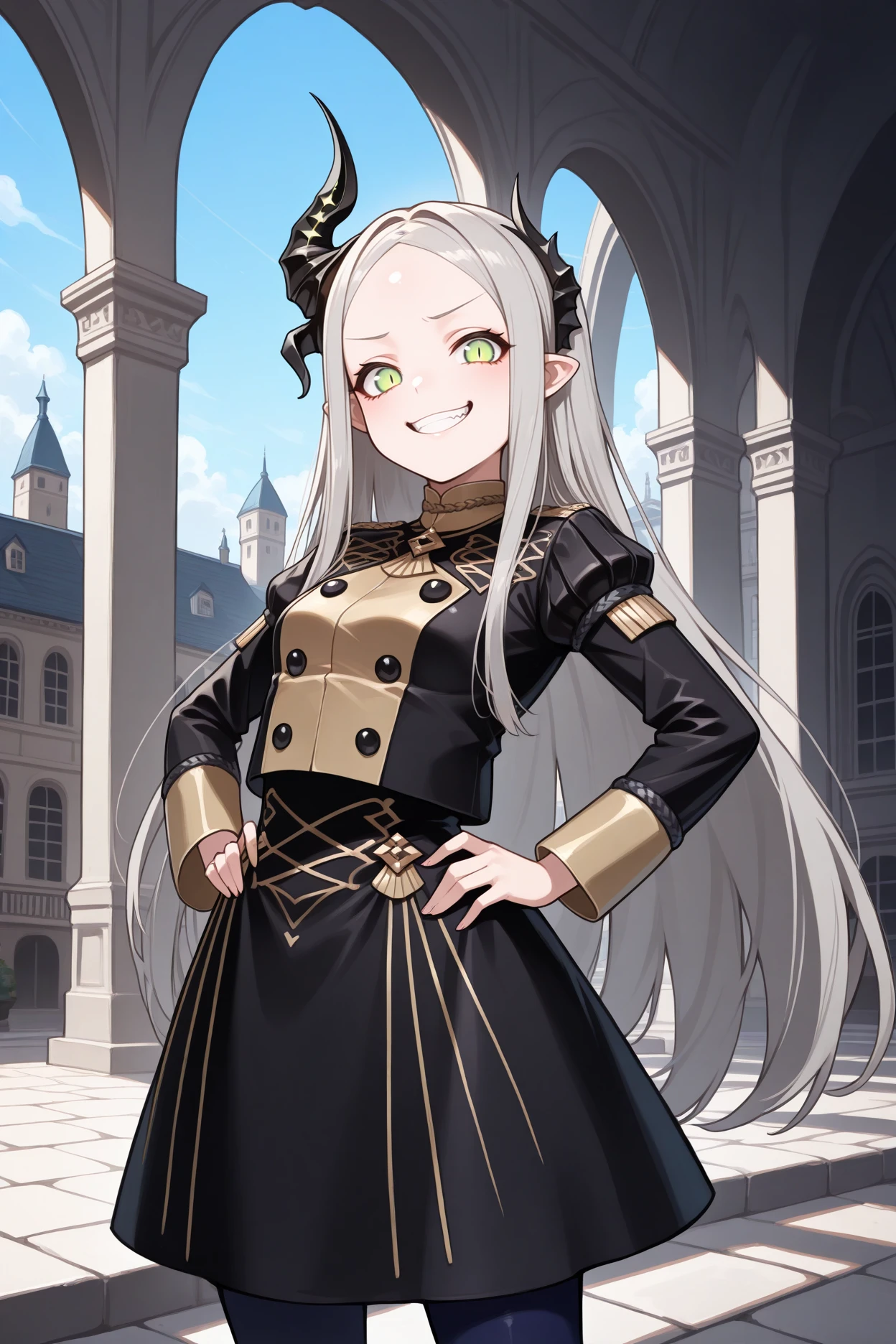 masterpiece, best quality, 1girl, solo, <lora:gmuniform1-illu-nvwls-v1:1> gmuniform1, black jacket, gold trim, puffy sleeves, black buttons, black skirt, blue pantyhose, <lora:leviathan-nikke-richy-v1_ixl:1> levia, green eyes, slit pupils, grey hair, very long hair, parted bangs, pointy ears, asymmetrical horns, forehead, small breasts, teeth, grin, looking at viewer, smug, hands on hips, victorian architecture, courtyard, blue sky