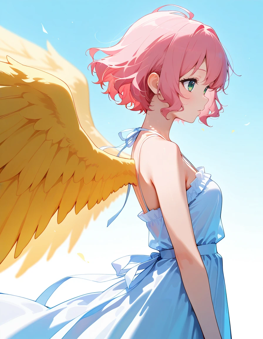 <lora:Pharpy_SDXL_Illustrious01_fp16_ver01:1>,Pharpy,1girl,green eyes, pink hair, short hair,white sundress,bare shoulders,yellow wings,from side,<lora:HairintakesEraser_v01_illustrious_10steps:1.5>, masterpiece, best quality, very aesthetic, absurdres,<lora:detailed_hands:1>,hand